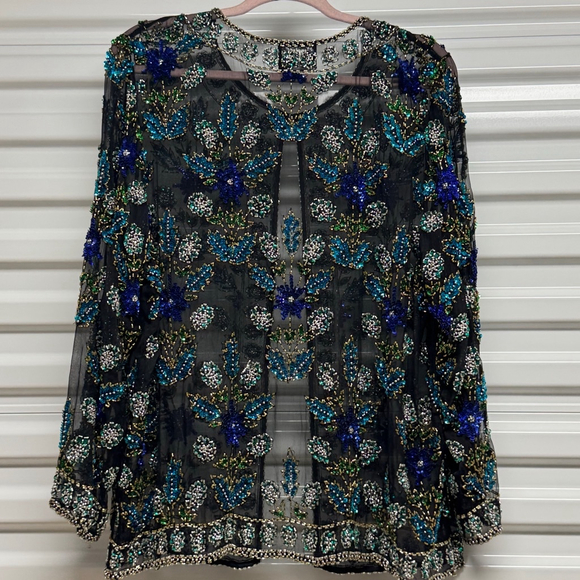 Jean For Joseph Le Bon Pure Silk Beaded Sequined Multicolor Floral Jacket Sz XL - Picture 7 of 9